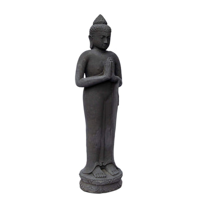 Statue de Bouddha en pierre de jardin debout en sable de lave 120 cm grande sculpture statue résistante aux intempéries et au gel en fonte solide noire