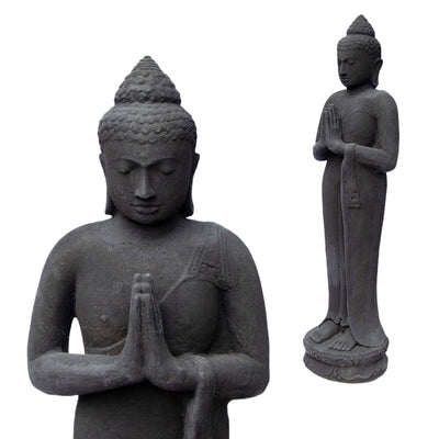Statue de Bouddha en pierre de jardin debout en sable de lave 120 cm grande sculpture statue résistante aux intempéries et au gel en fonte solide noire