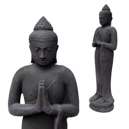 Buddha Figur Stein Garten stehend Lavasand 120 cm Groß Skulptur Wetterfest Statue Frostfest massiv Guss Schwarz
