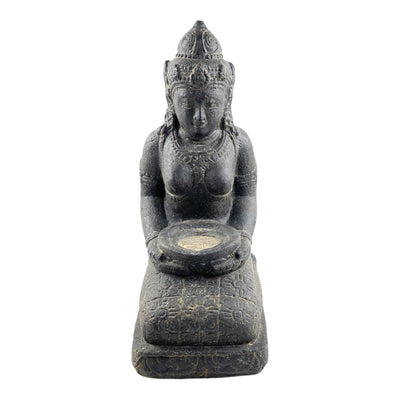Statue de Dewi Sri - Décoration de jardin - Figurine en pierre assise résistante aux intempéries - Mélange de pierres de lave et de sable 50 x 16 x 26 cm