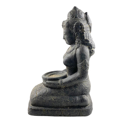 Statue de Dewi Sri - Décoration de jardin - Figurine en pierre assise résistante aux intempéries - Mélange de pierres de lave et de sable 50 x 16 x 26 cm