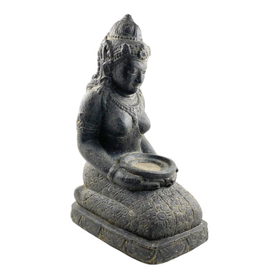 Statue de Dewi Sri - Décoration de jardin - Figurine en pierre assise résistante aux intempéries - Mélange de pierres de lave et de sable 50 x 16 x 26 cm