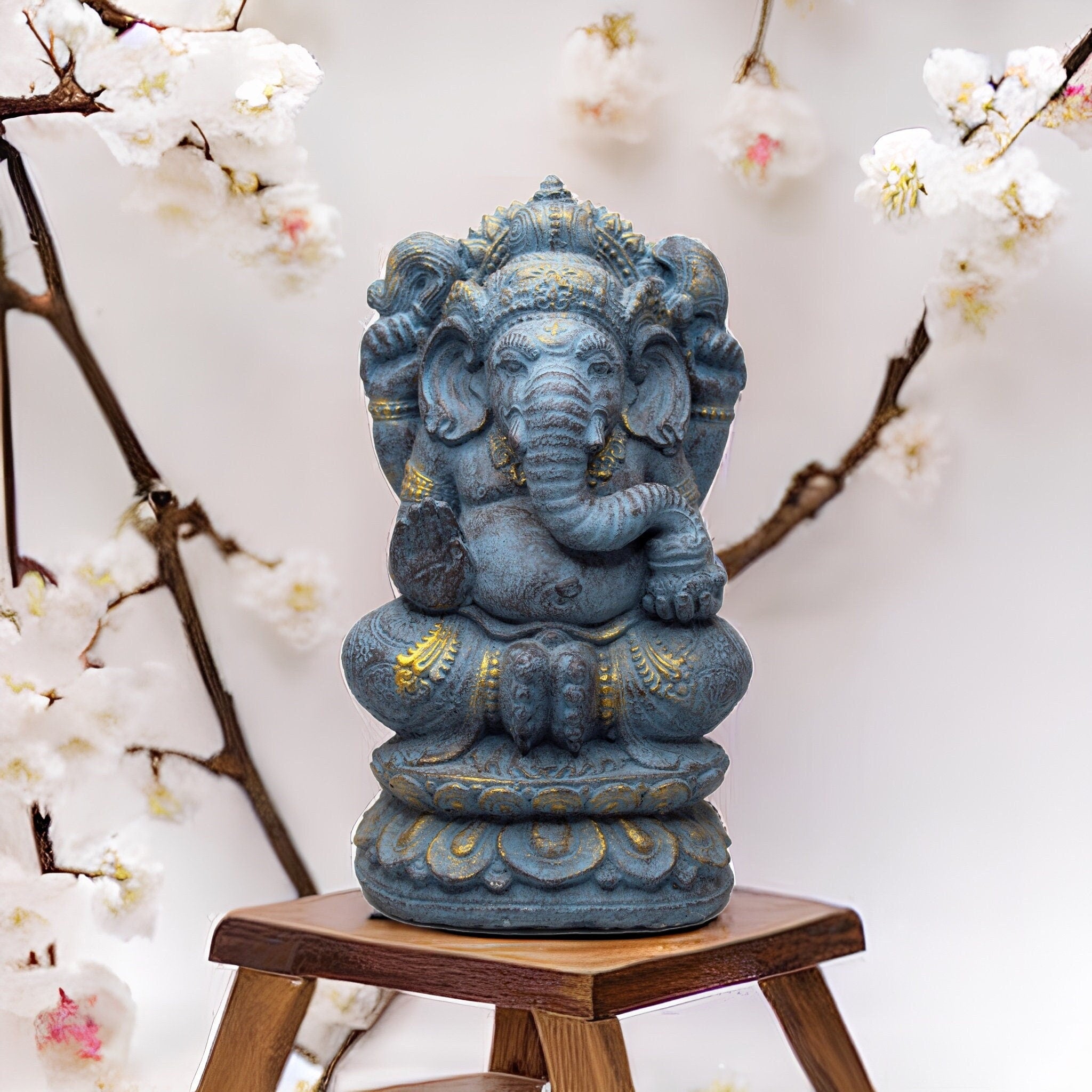 Ganesha Sculpture - Decorative Room Decoration Artwork - Elephant Head Hindu Lucky Charm Statue - Stone Figure Blue - 34 cm