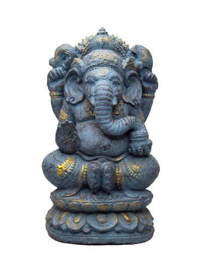 Ganesha Skulptur - Deko Raumdeko Kunstwerk - Elefantenkopf Hindu Glücksbringer Statue - Stein Figur Blau - 34 cm