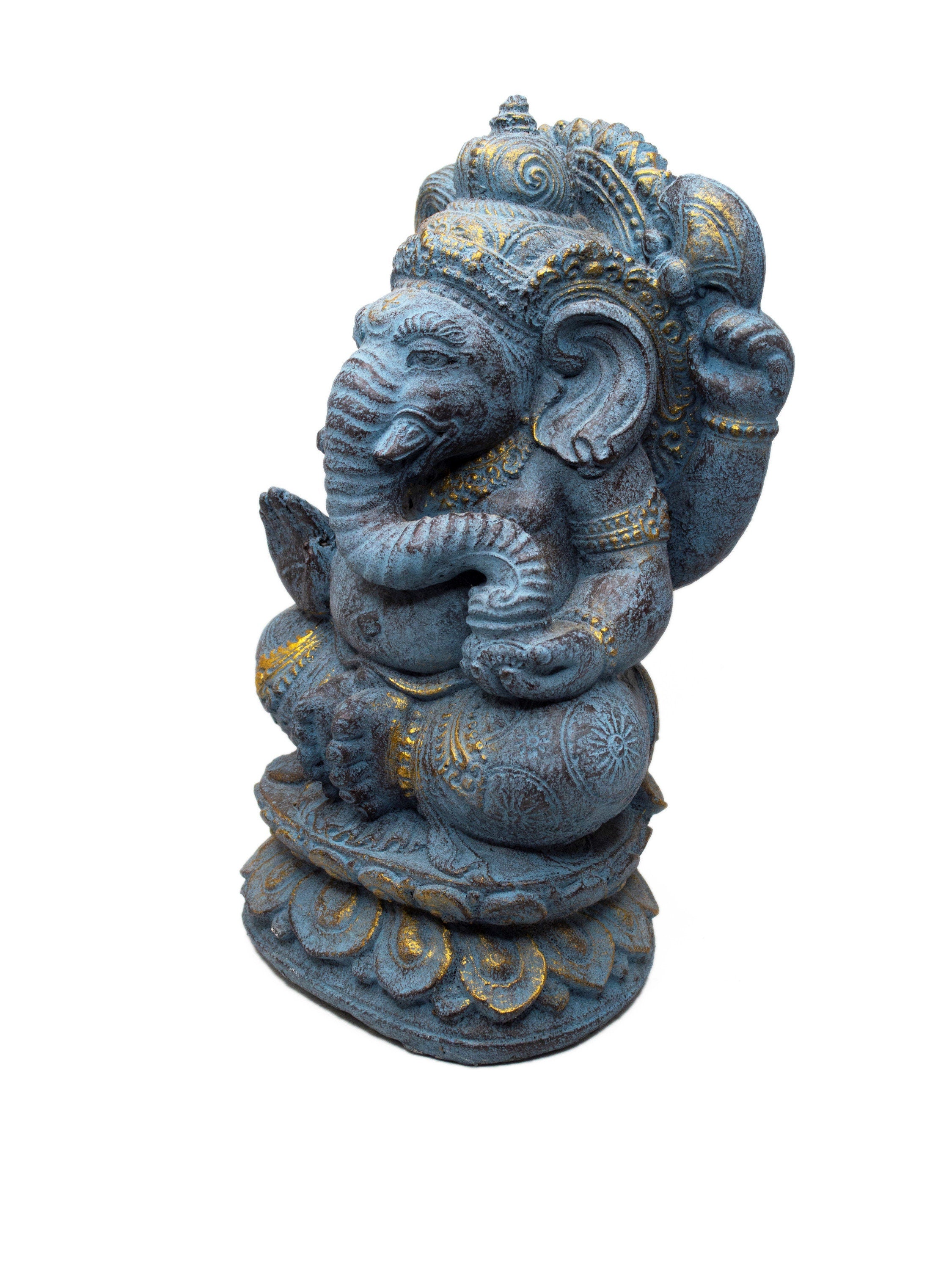 Ganesha Sculpture - Decorative Room Decoration Artwork - Elephant Head Hindu Lucky Charm Statue - Stone Figure Blue - 34 cm