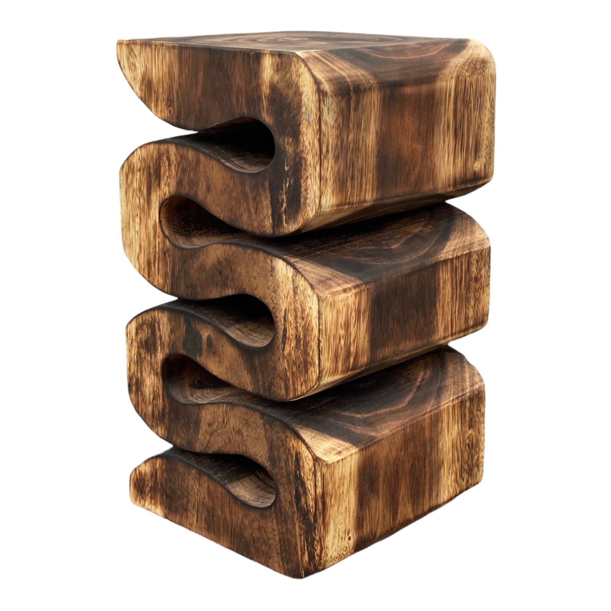 Holzhocker - Beistelltisch Blumenhocker Ablagetisch - Handgefertigt  - Flambiert Schlange aus massivem Suarholz- 50x30x30 cm